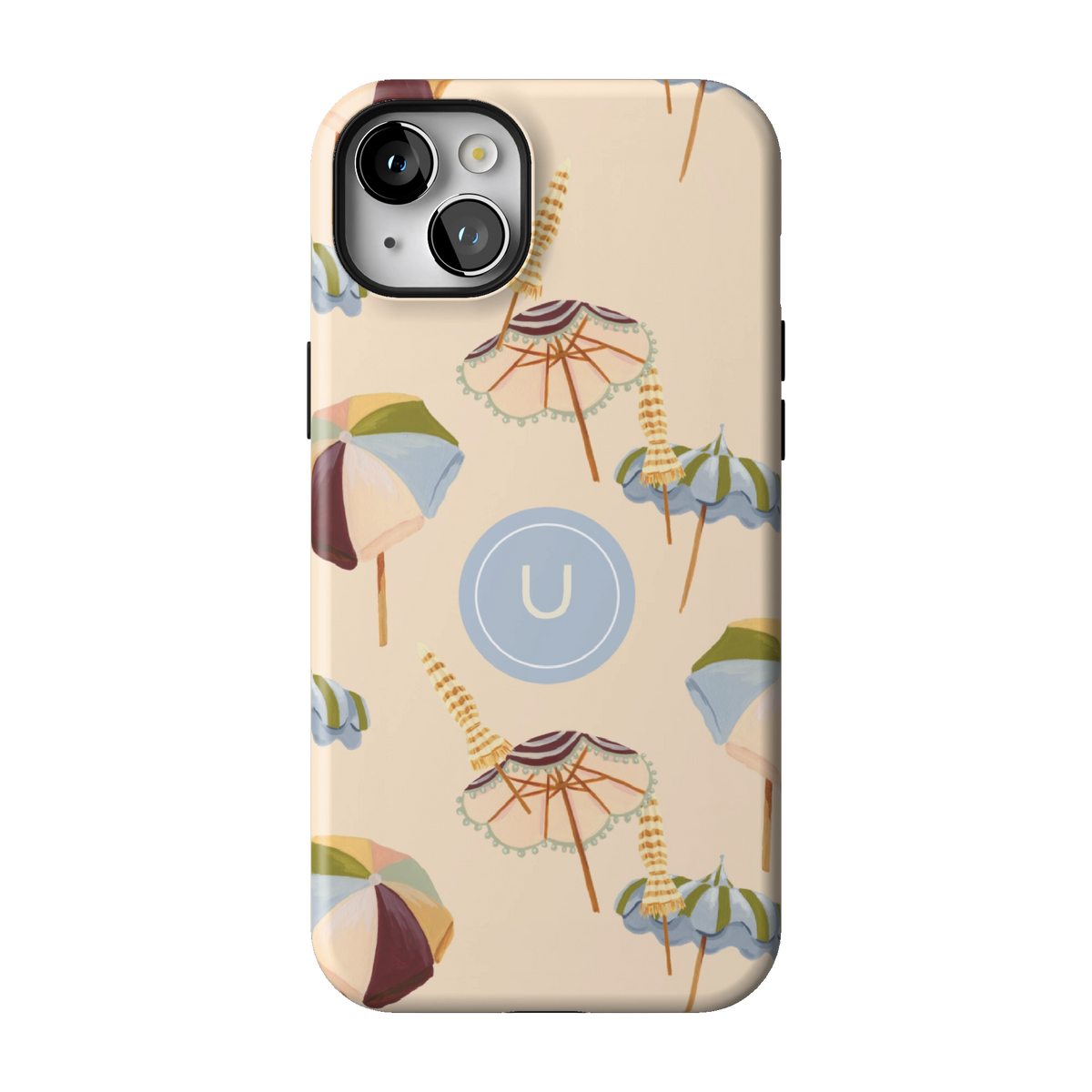 Umbrellas Personalized case on iPhone 14 Plus, back view: striped beach umbrellas and loungers on warm sand with the initial U
