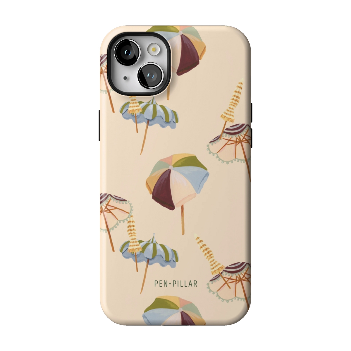 Umbrellas case on iPhone 14 Plus, back view: striped beach umbrellas and loungers on warm sand