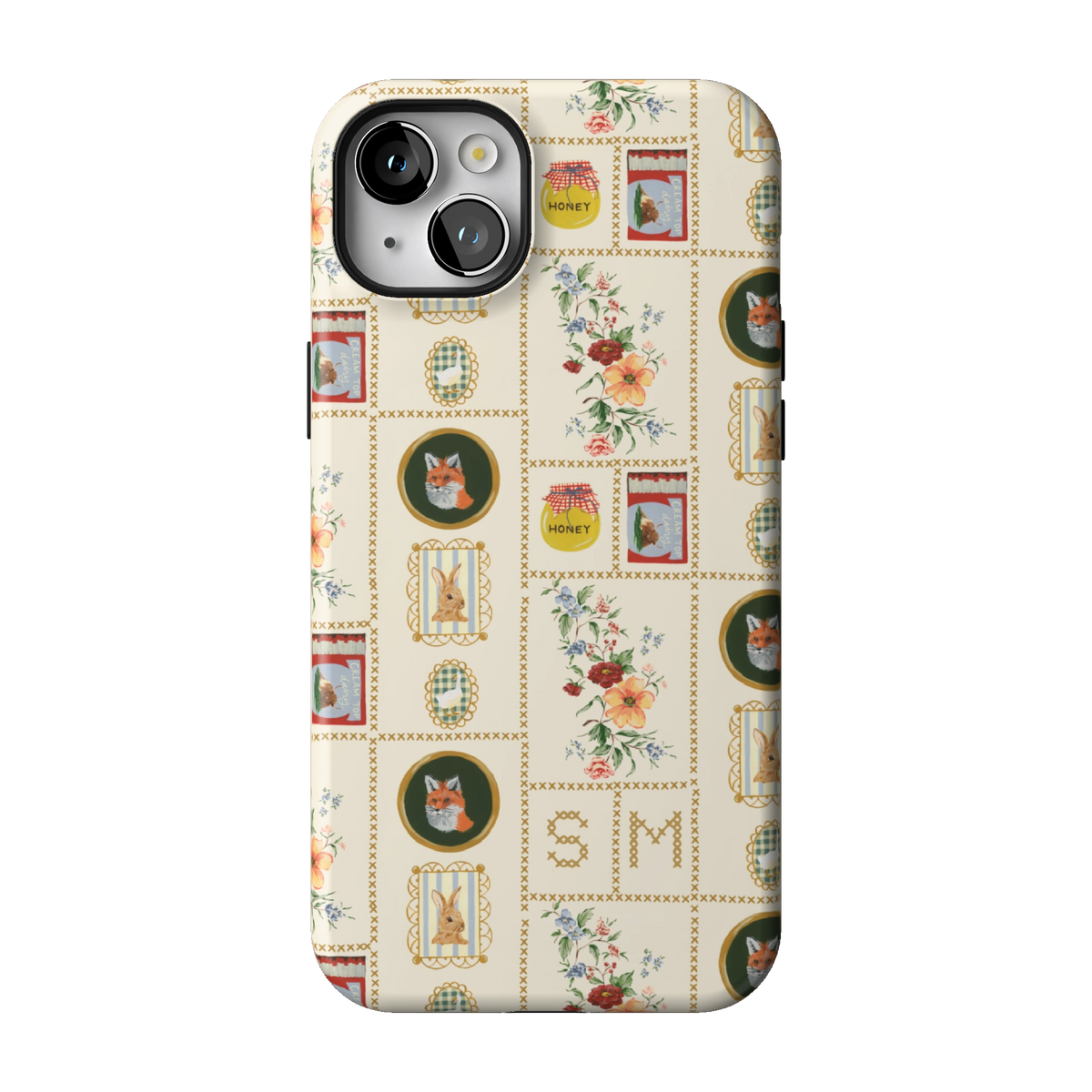 Sampler Personalized case on iPhone 14 Plus, back view: cross-stitch style squares of jars, animals and florals on cream with the initials SM