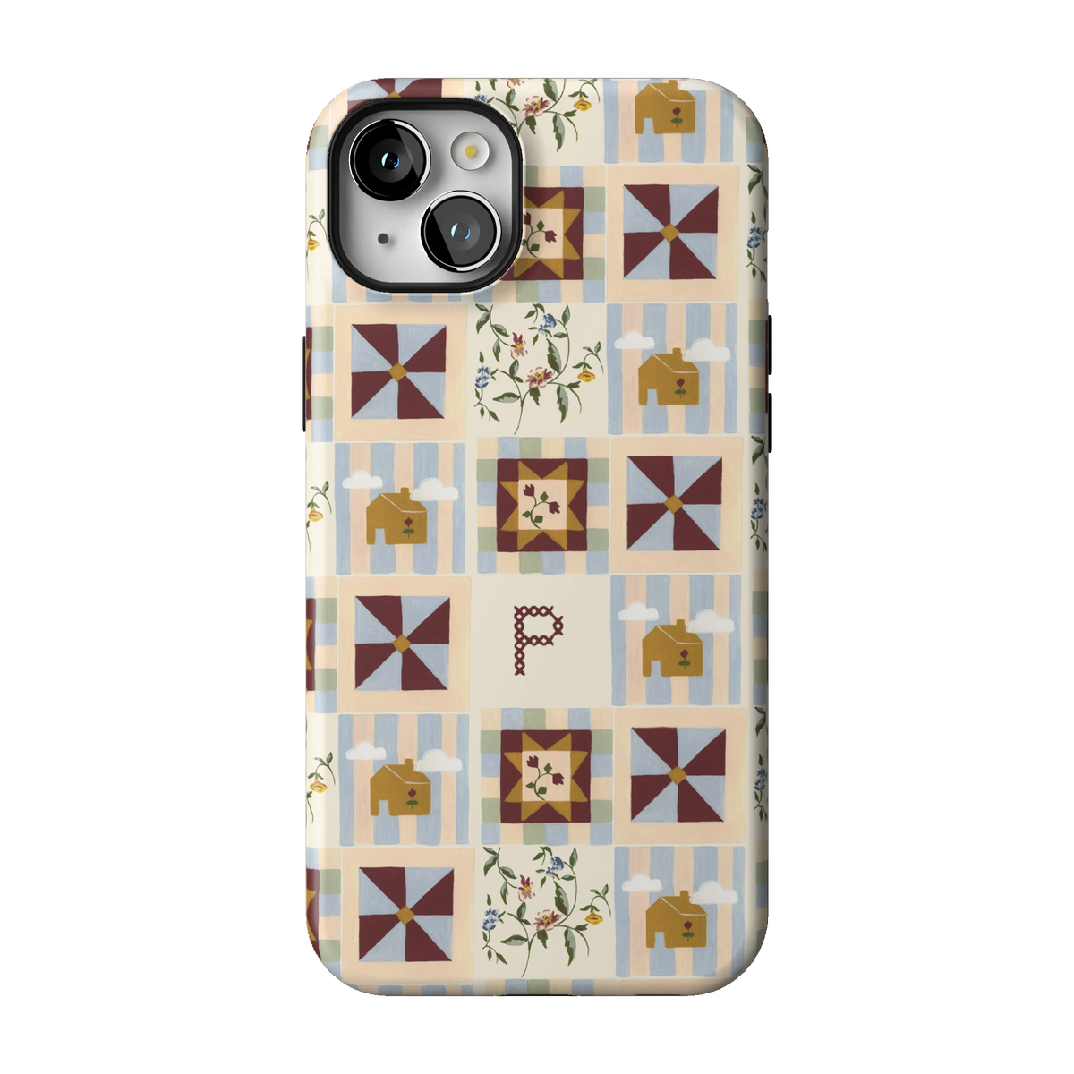 Pinwheel Personalized case on iPhone 14 Plus, back view: burgundy pinwheel quilt blocks on blue stripes with the initial P