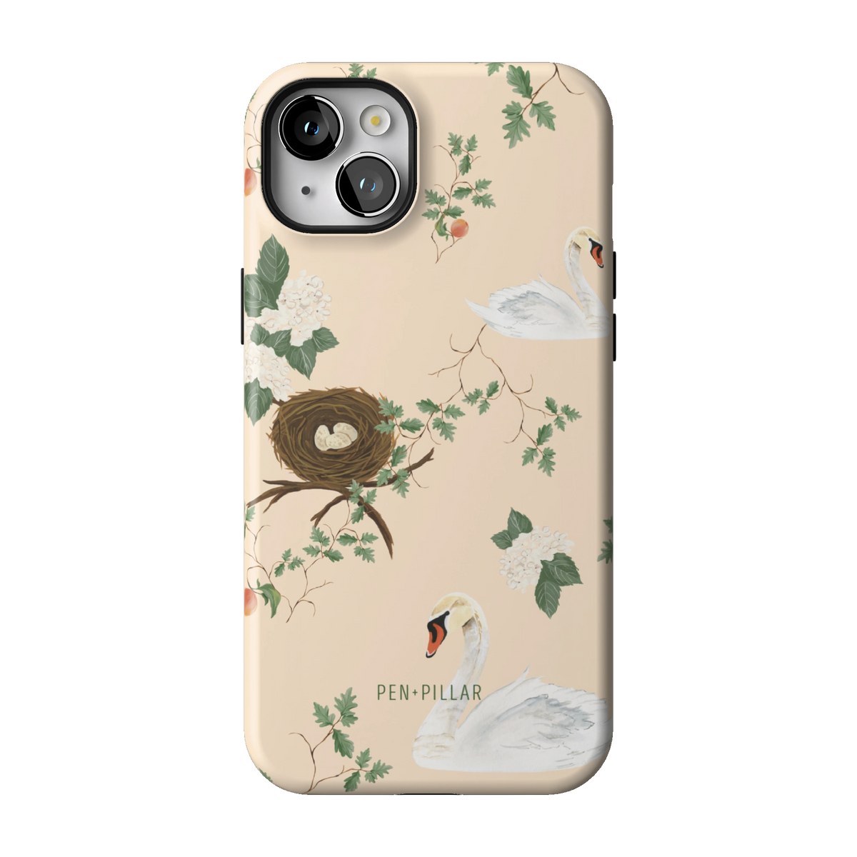 Swan Hollow case on iPhone 14 Plus, back view: swans, a bird's nest and trailing greenery on cream