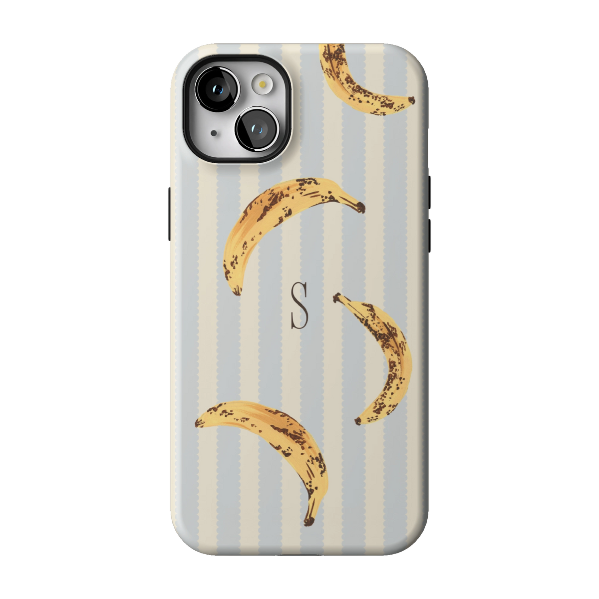Striped Bananas Personalized case on iPhone 14 Plus, back view: ripe bananas on pale blue and cream stripes with the initial S