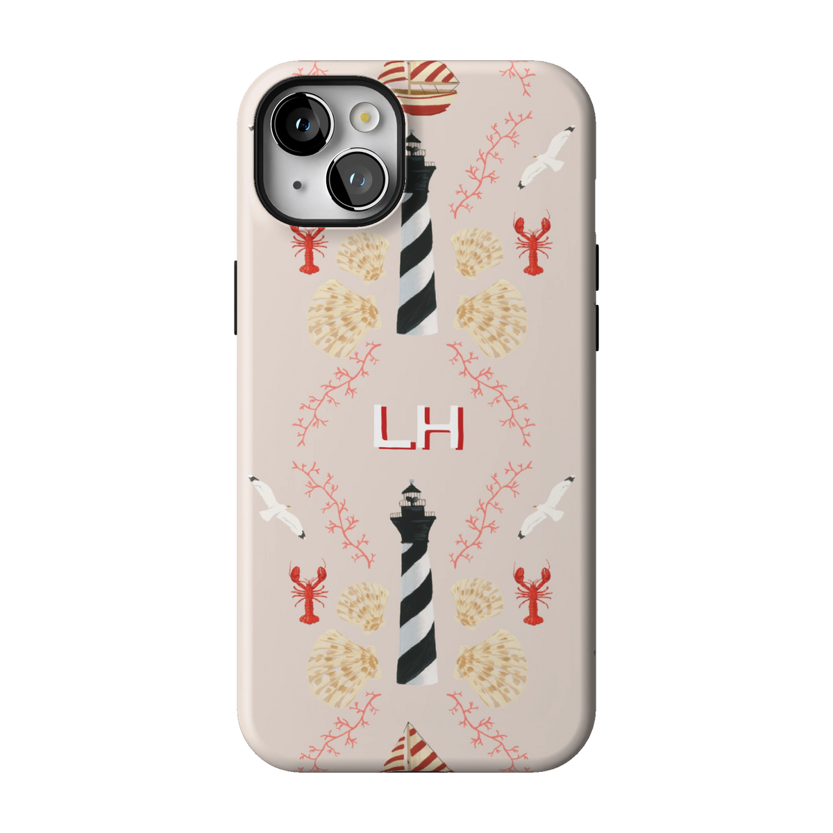 Lighthouse Personalized case on iPhone 14 Plus, back view: striped lighthouses, lobsters and seashells on blush with the initials LH
