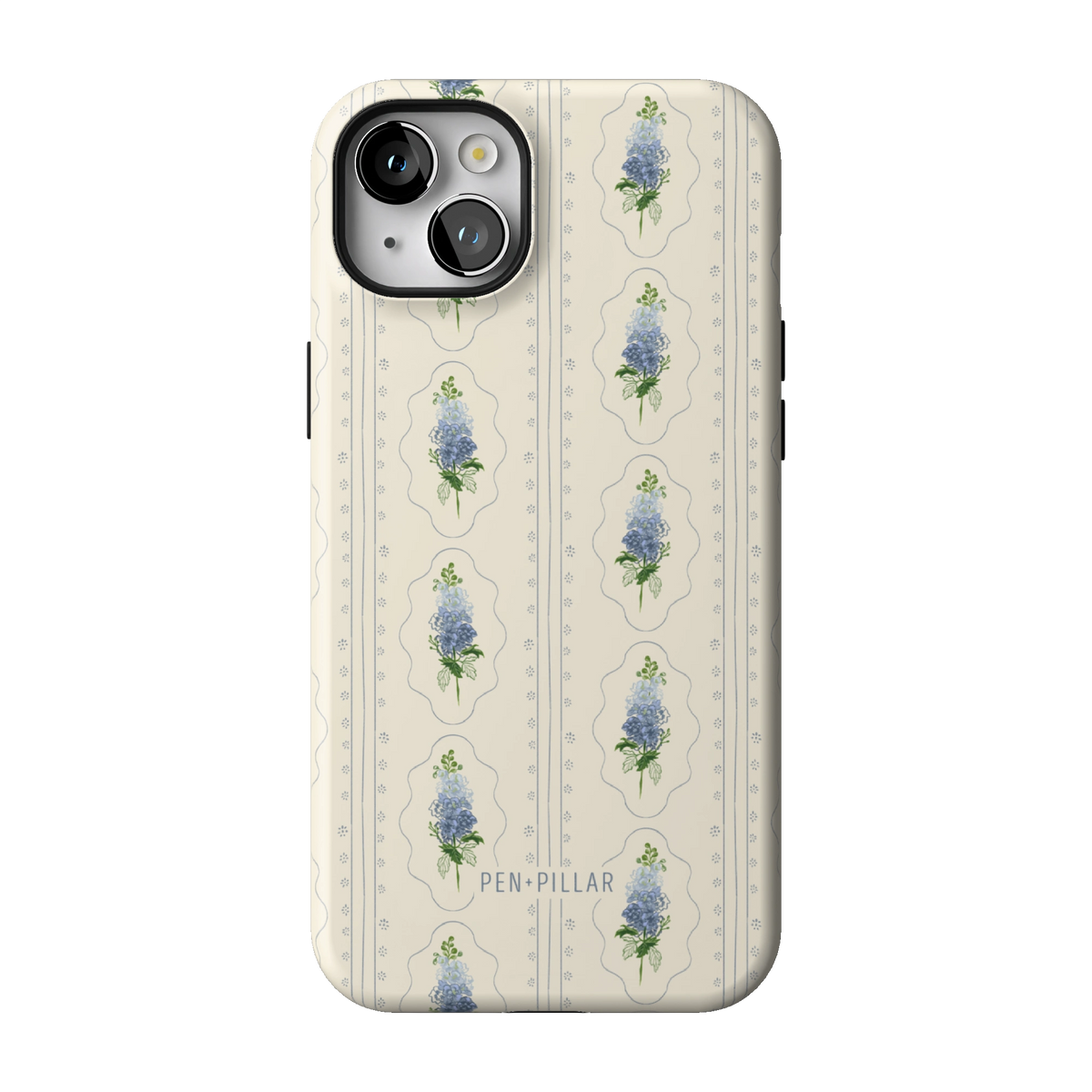 July Birth Month case on iPhone 14 Plus, back view: blue larkspur in cream frames