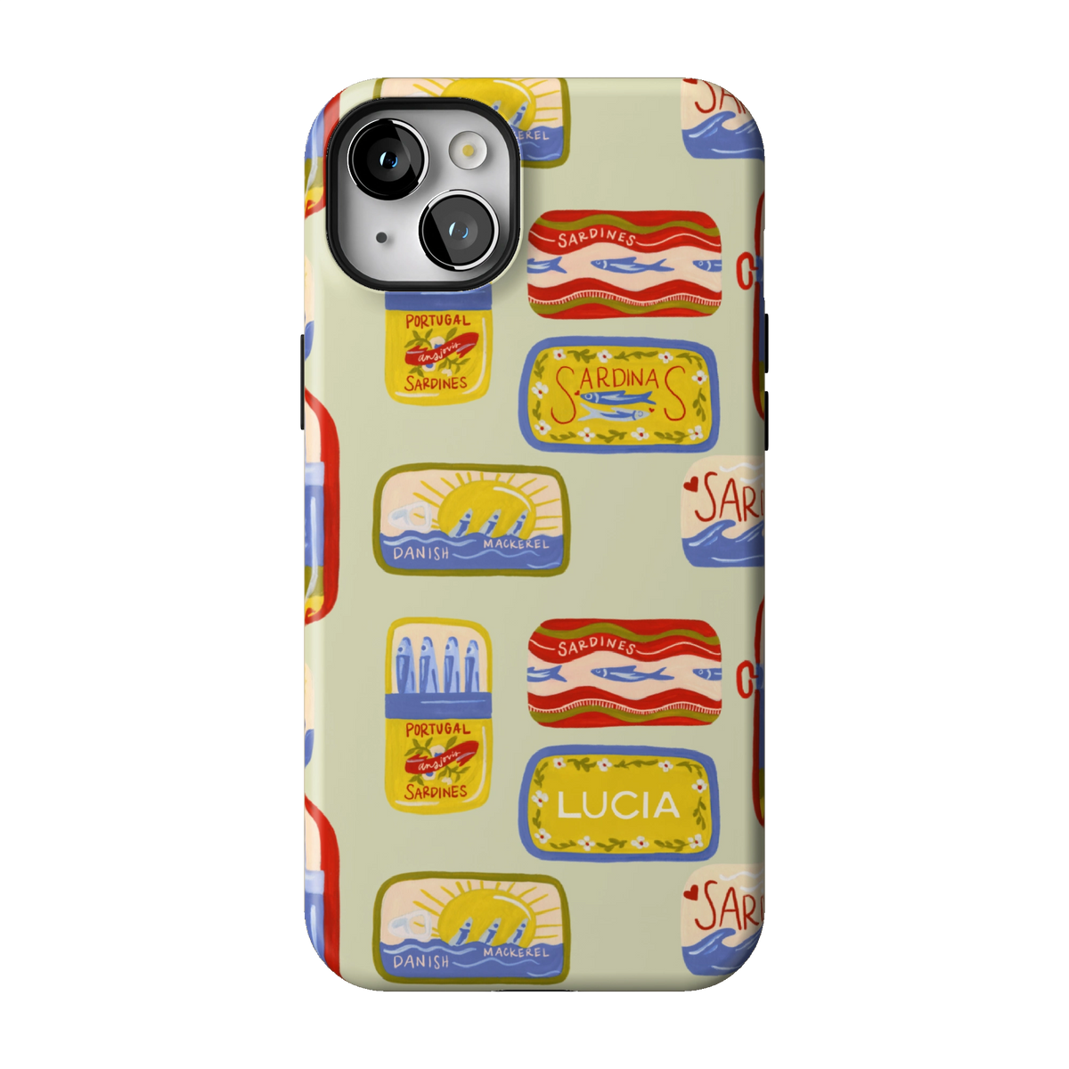 Sardines Personalized case on iPhone 14 Plus, back view: vintage sardine tins on pale sage with the name Lucia