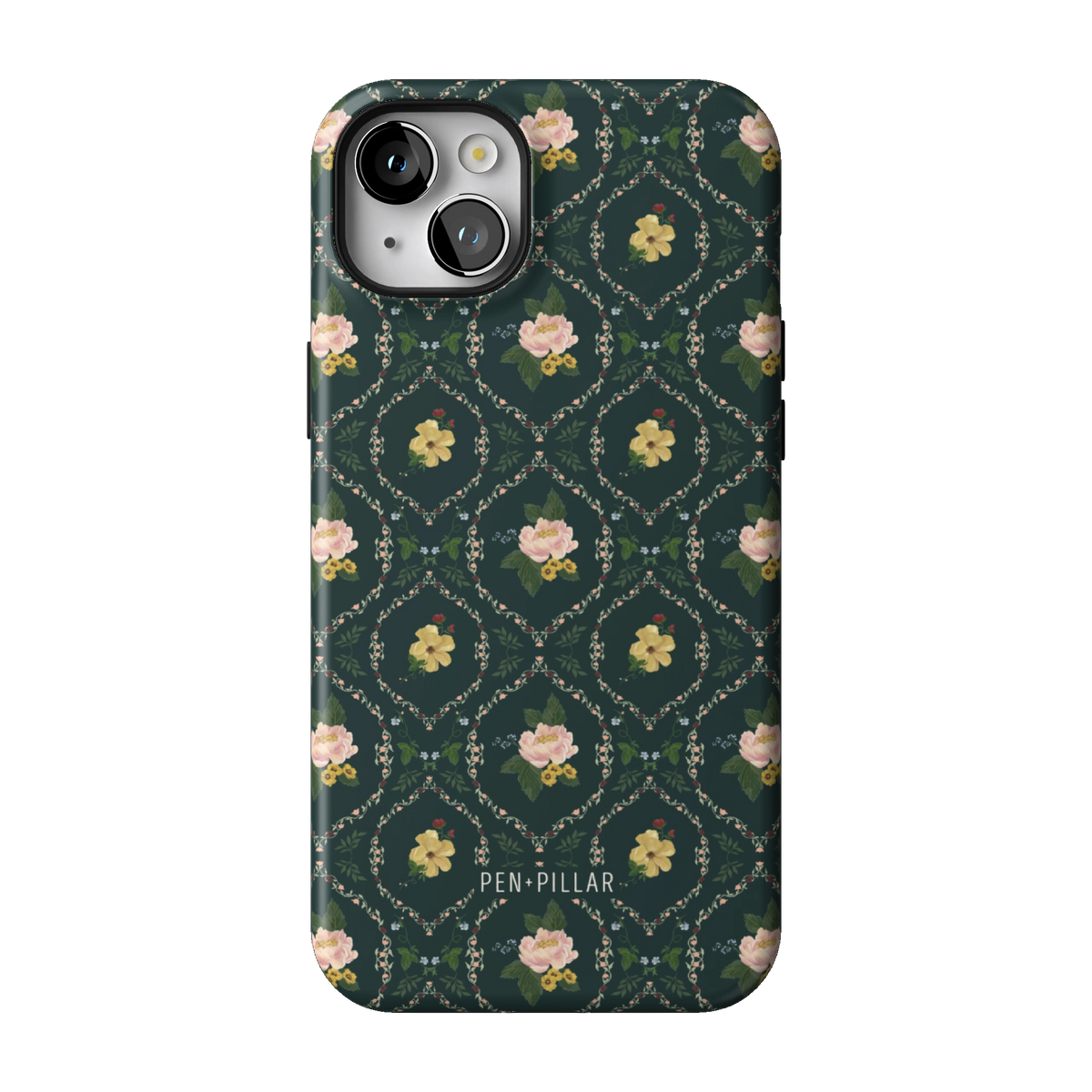 Meadow case on iPhone 14 Plus, back view: small yellow and pink flowers in a diamond trellis on deep green