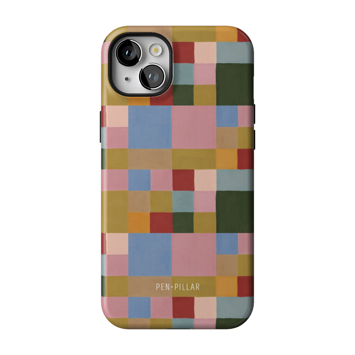 Colorblock case on iPhone 14 Plus, back view: painterly squares in blush, sky blue, mustard, rust and forest green