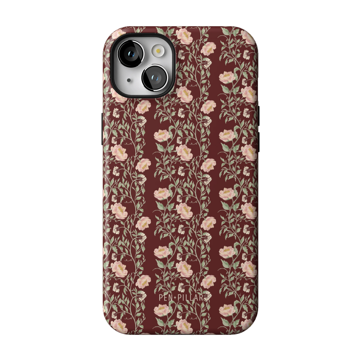 Thicket case on iPhone 14 Plus, back view: dense blush and cream florals on deep burgundy