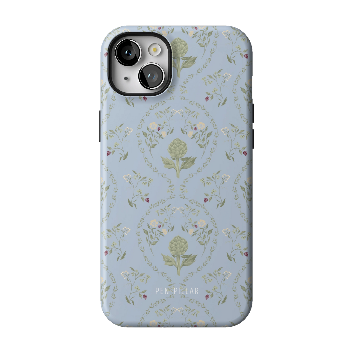 Artichoke case on iPhone 14 Plus, back view: soft green artichokes in a vintage trellis on dusty blue