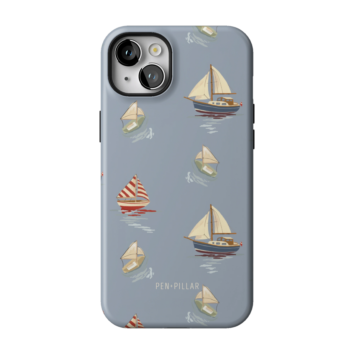 Harbor case on iPhone 14 Plus, back view: sailboats and paper boats on dusty blue