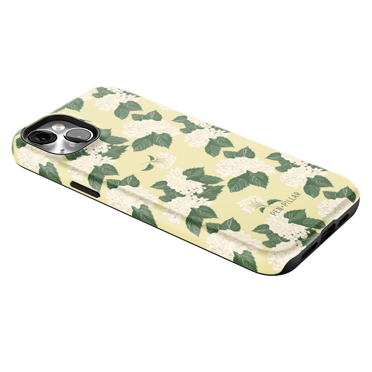 Hydrangea iPhone 14 Plus case lying at an angle, showing the side buttons and print wrapping the edges