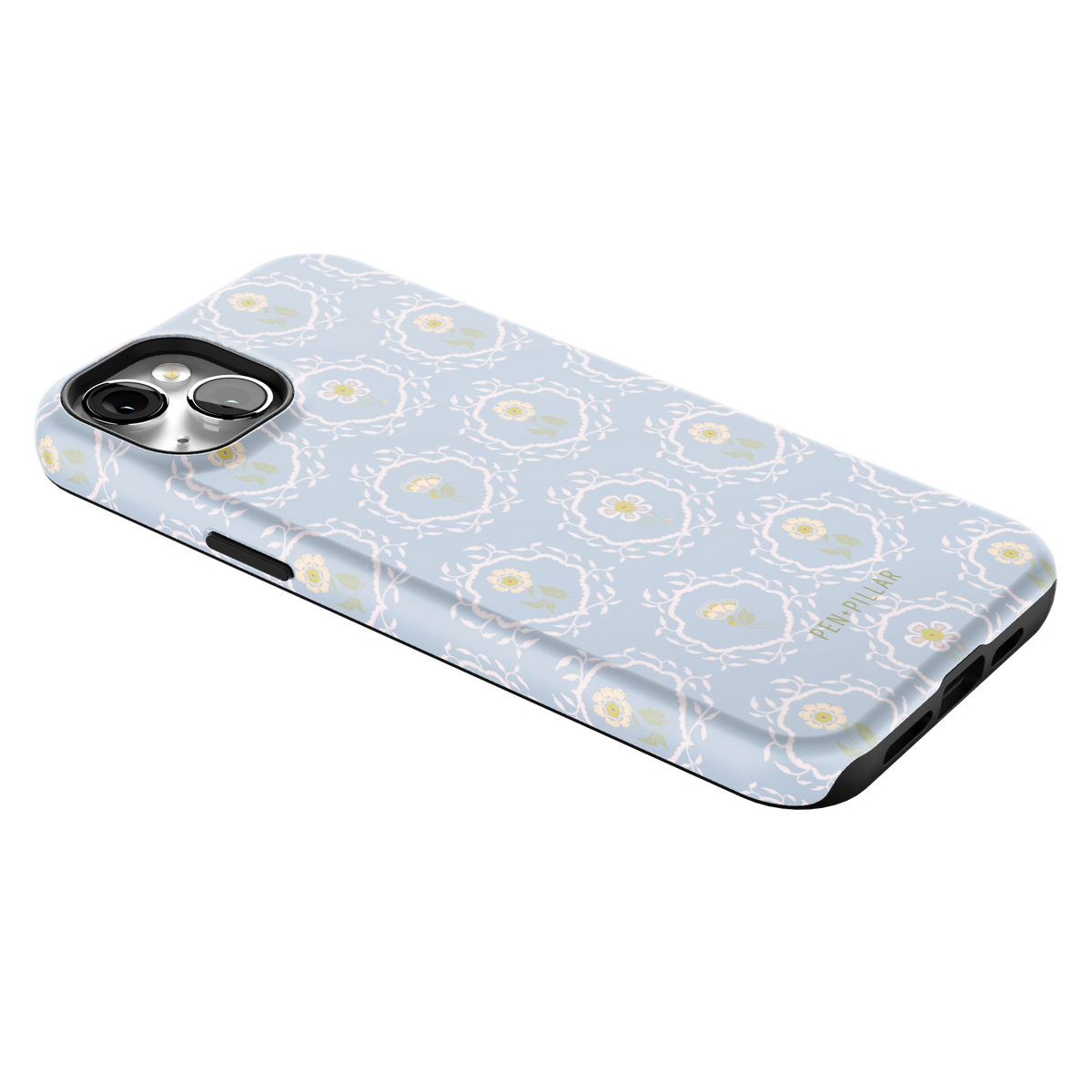 Merrigold iPhone 14 Plus case lying at an angle, showing the side buttons and print wrapping the edges
