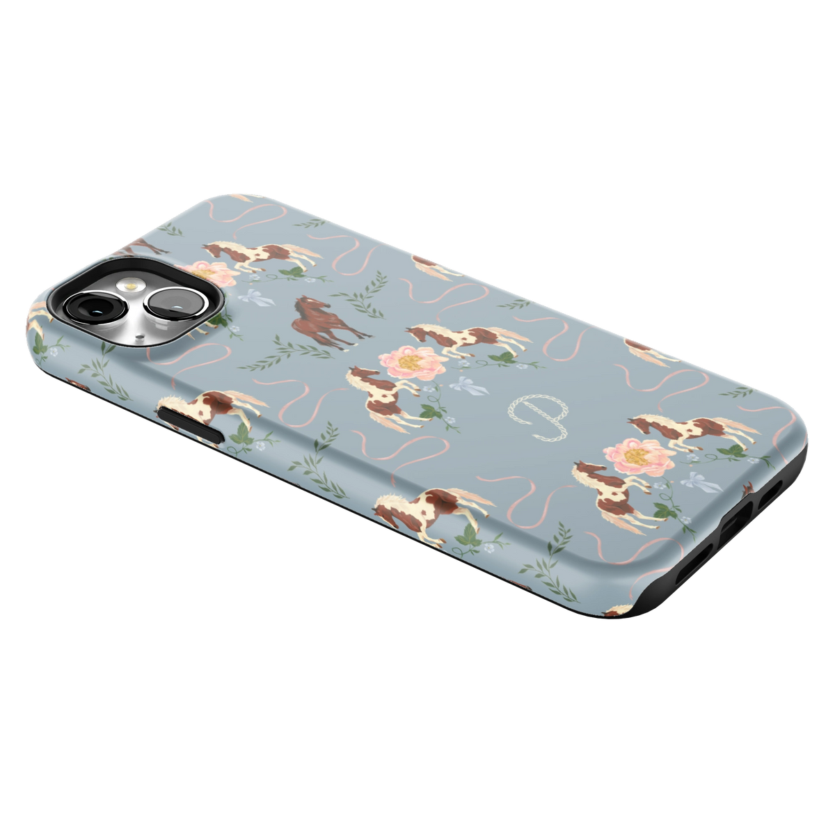 Prairie Personalized iPhone 14 Plus case lying at an angle, showing the side buttons and print wrapping the edges