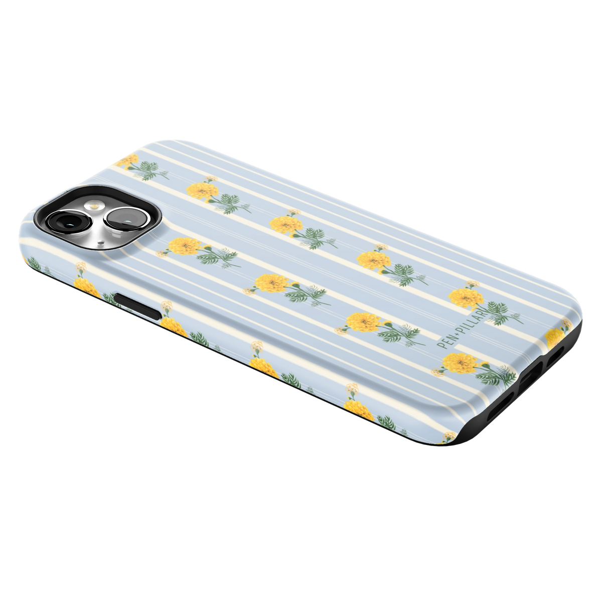 October Birth Month iPhone 14 Plus case lying at an angle, showing the side buttons and print wrapping the edges