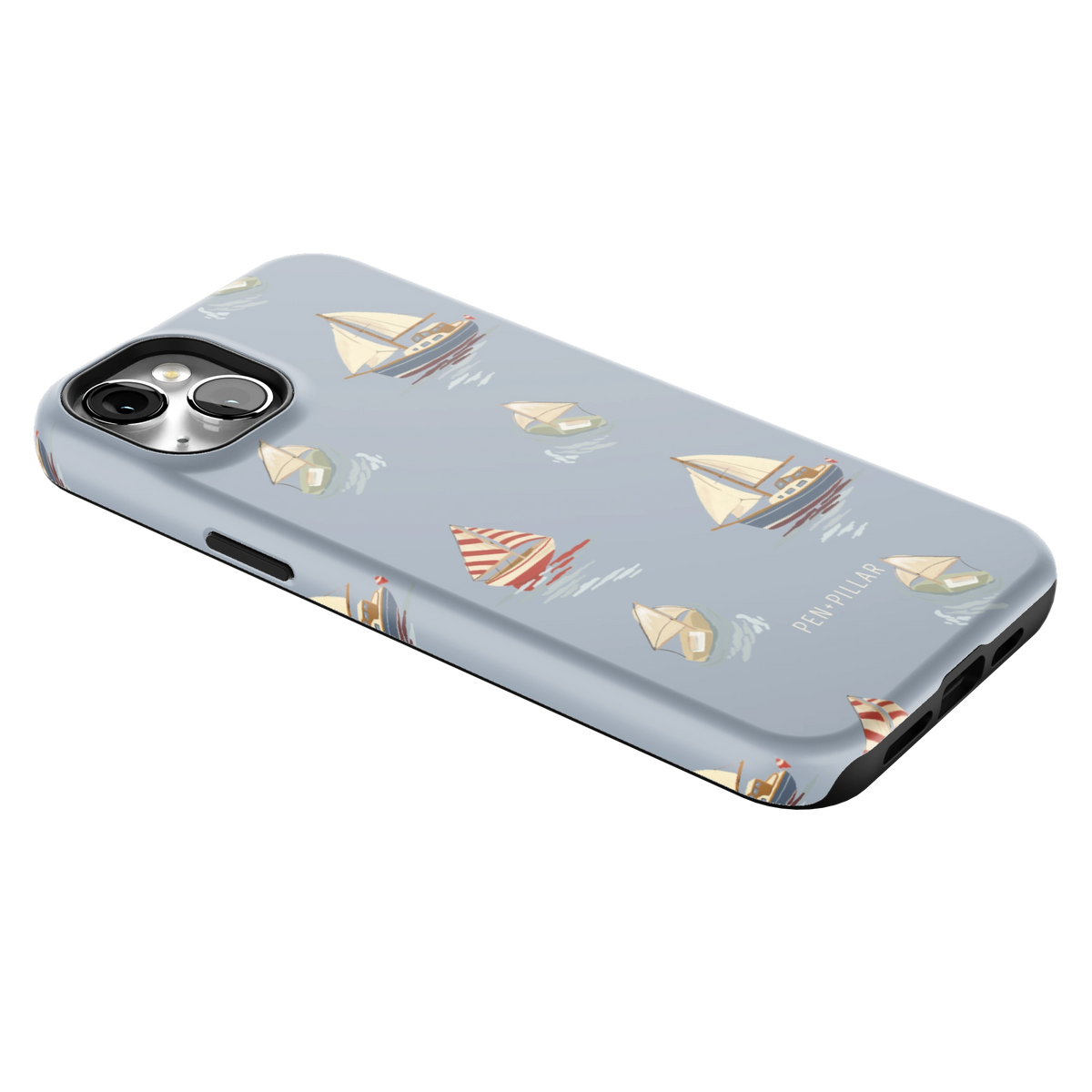 Harbor iPhone 14 Plus case lying at an angle, showing the side buttons and print wrapping the edges