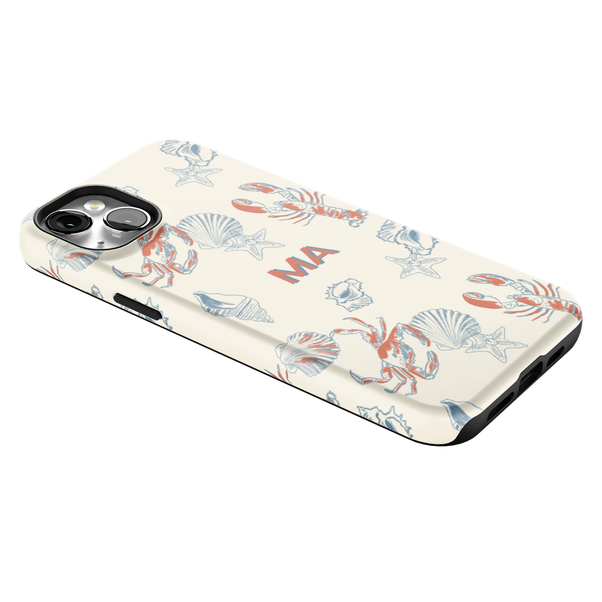 Mariner Personalized iPhone 14 Plus case lying at an angle, showing the side buttons and print wrapping the edges