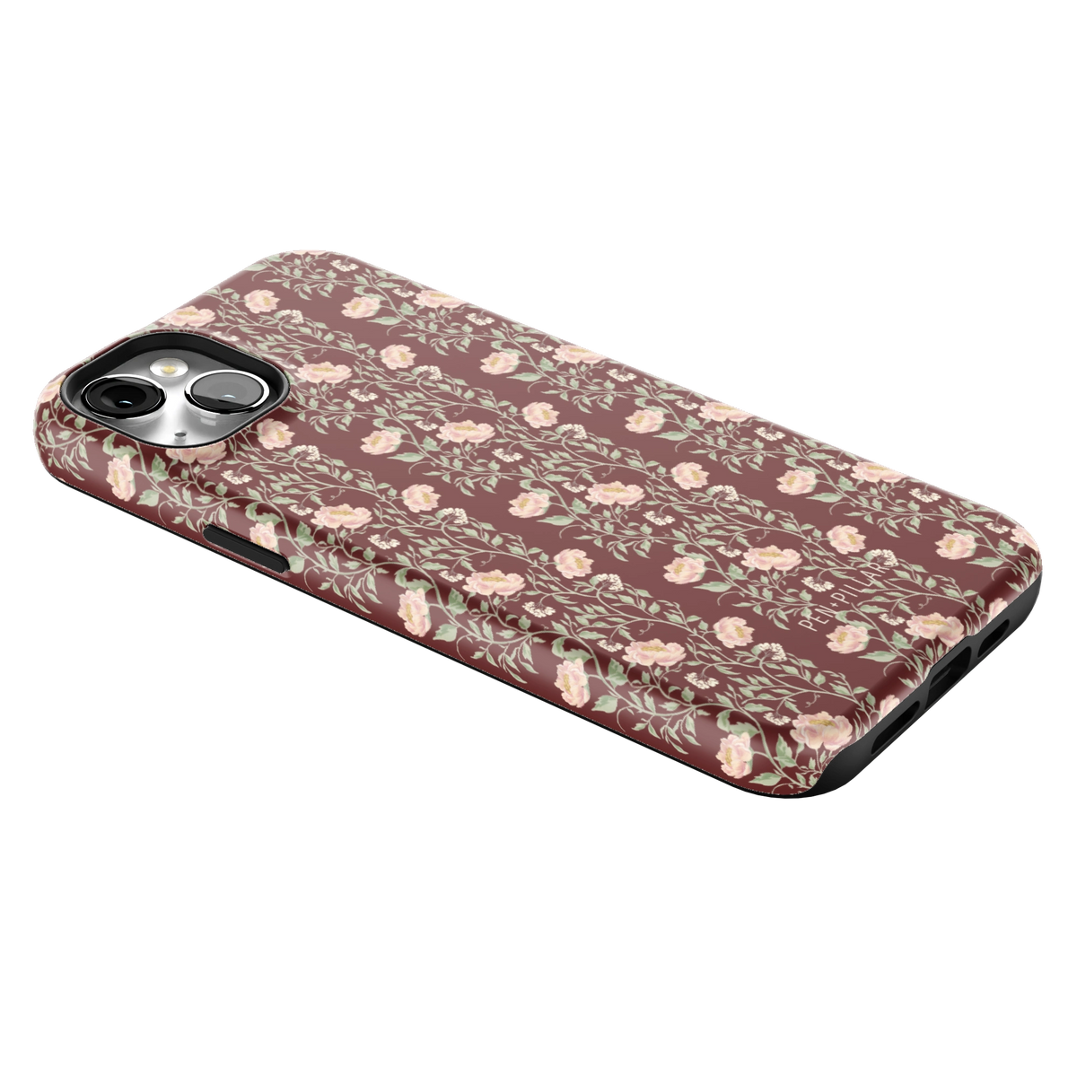 Thicket iPhone 14 Plus case lying at an angle, showing the side buttons and print wrapping the edges