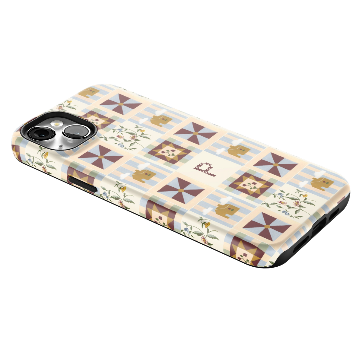 Pinwheel Personalized iPhone 14 Plus case lying at an angle, showing the side buttons and print wrapping the edges
