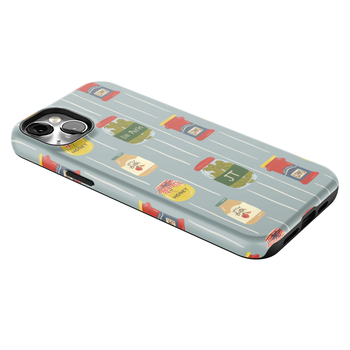 Preserves Personalized iPhone 14 Plus case lying at an angle, showing the side buttons and print wrapping the edges
