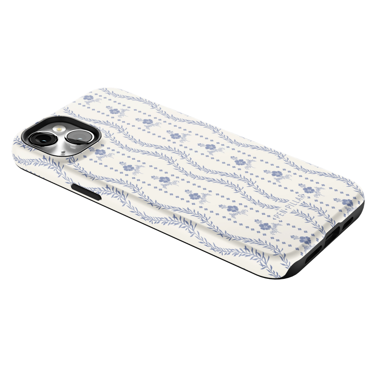 Riviera iPhone 14 Plus case lying at an angle, showing the side buttons and print wrapping the edges