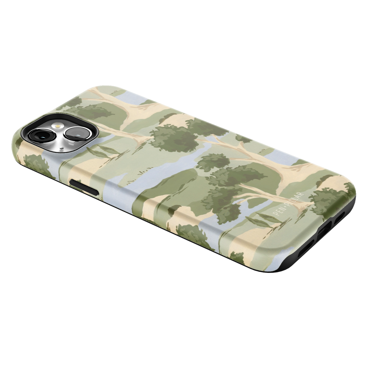 Orchard iPhone 14 Plus case lying at an angle, showing the side buttons and print wrapping the edges