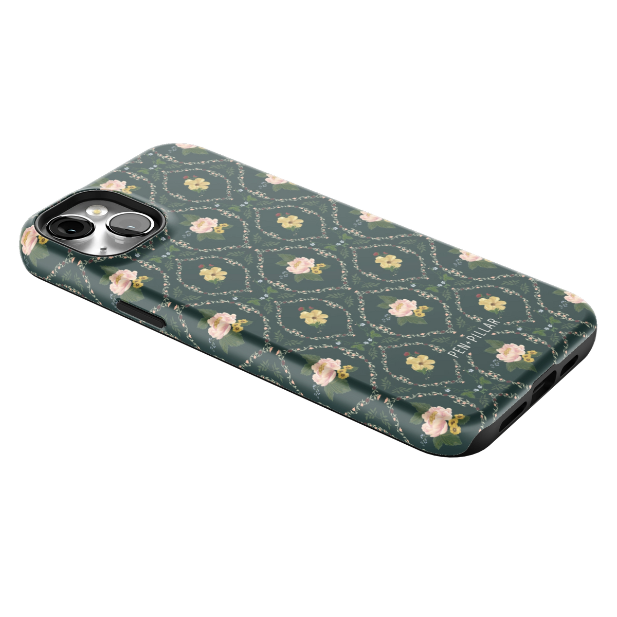 Meadow iPhone 14 Plus case lying at an angle, showing the side buttons and print wrapping the edges