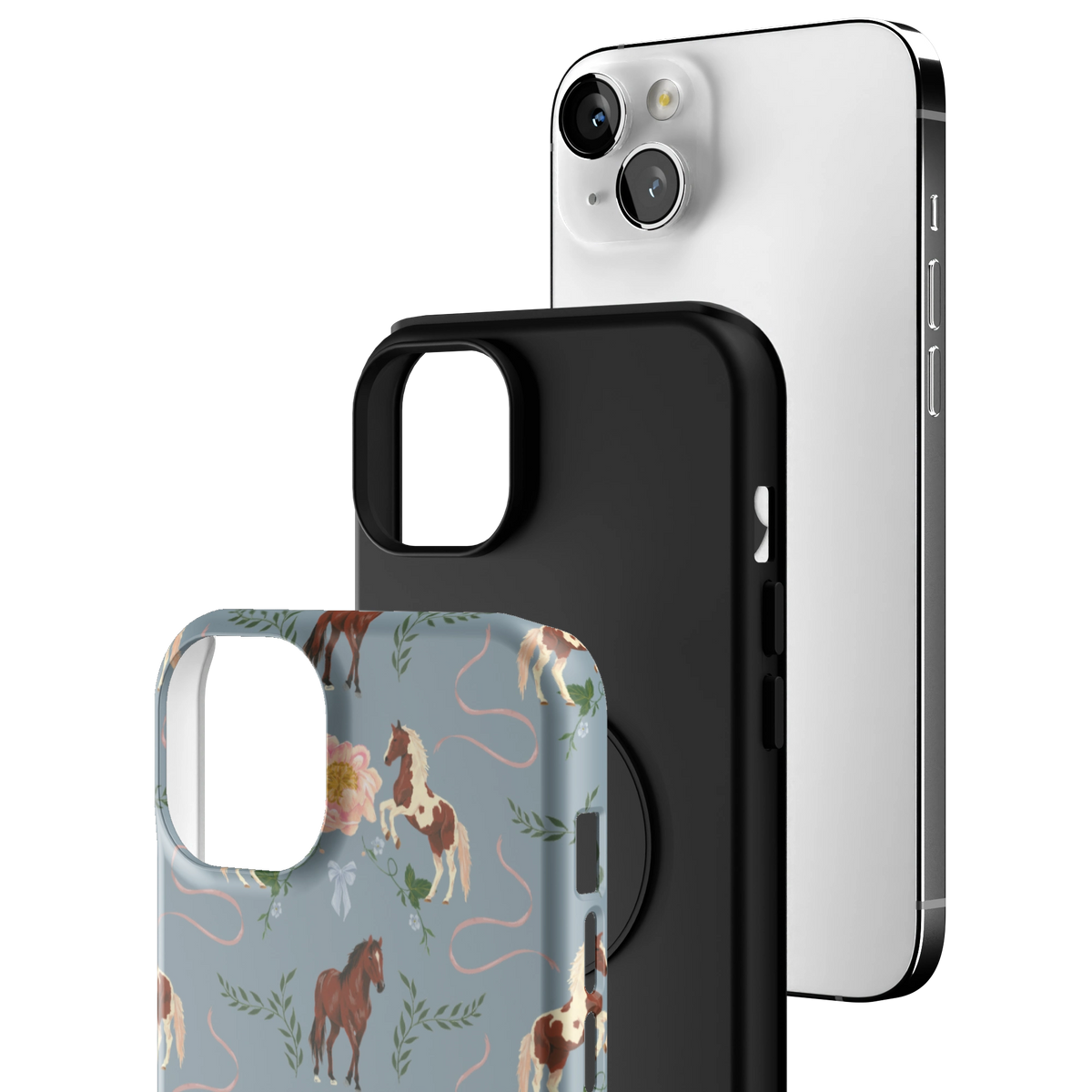 Exploded view of the Prairie Personalized iPhone 14 Plus case: printed shell, black inner layer with MagSafe ring, and phone
