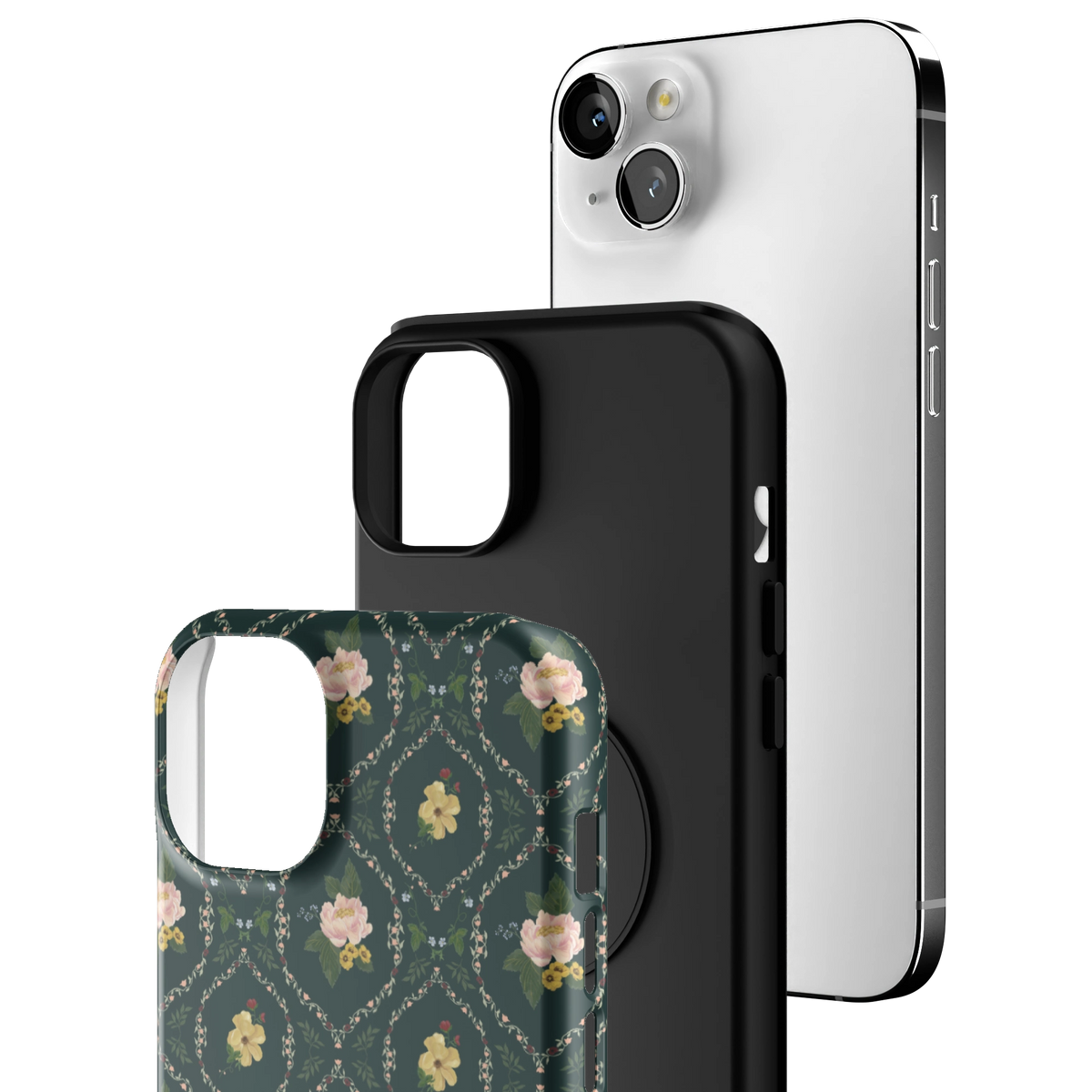 Exploded view of the Meadow iPhone 14 Plus case: printed shell, black inner layer with MagSafe ring, and phone