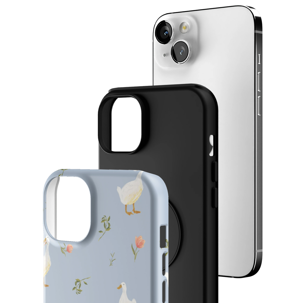 Exploded view of the Ducks iPhone 14 Plus case: printed shell, black inner layer with MagSafe ring, and phone