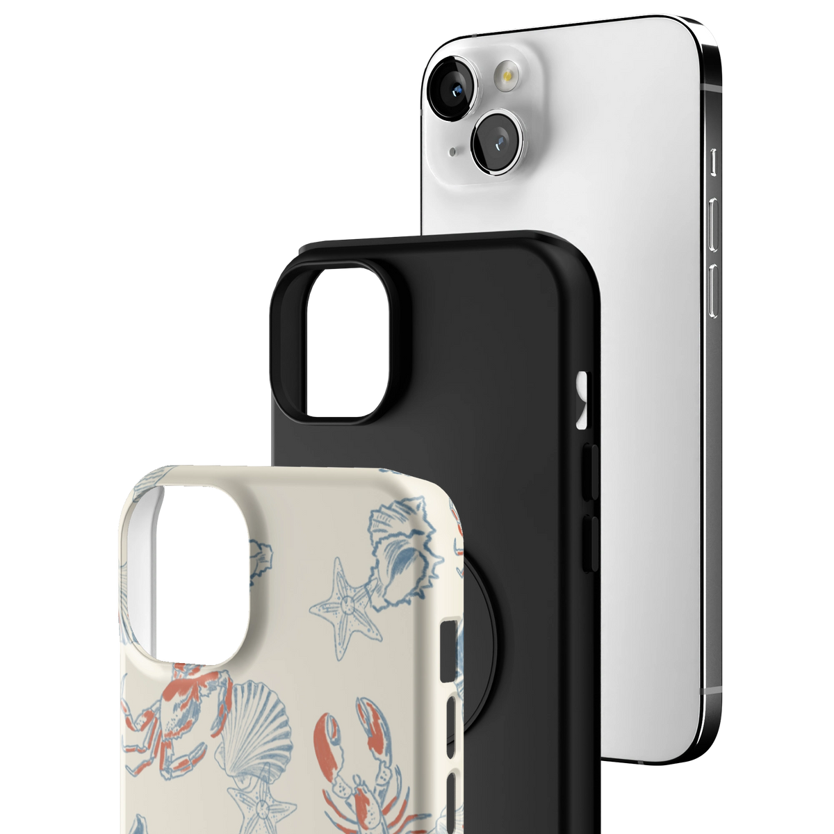 Exploded view of the Mariner Personalized iPhone 14 Plus case: printed shell, black inner layer with MagSafe ring, and phone