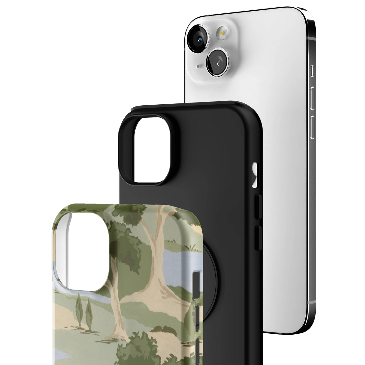 Exploded view of the Orchard iPhone 14 Plus case: printed shell, black inner layer with MagSafe ring, and phone
