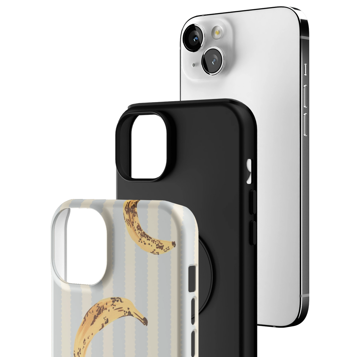 Exploded view of the Striped Bananas Personalized iPhone 14 Plus case: printed shell, black inner layer with MagSafe ring, and phone