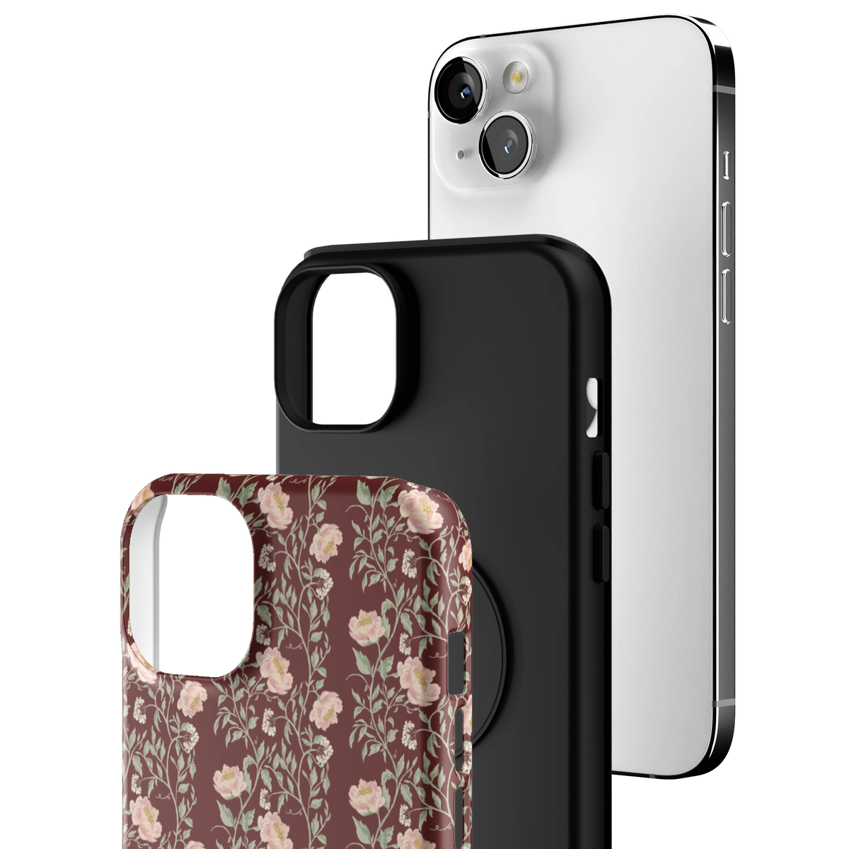 Exploded view of the Thicket iPhone 14 Plus case: printed shell, black inner layer with MagSafe ring, and phone