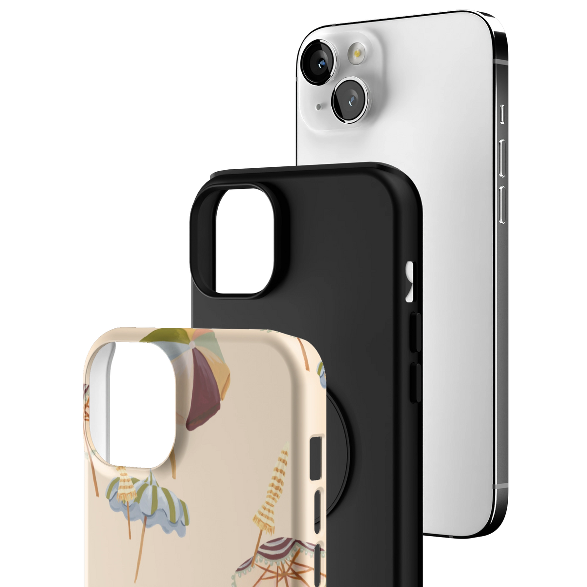 Exploded view of the Umbrellas iPhone 14 Plus case: printed shell, black inner layer with MagSafe ring, and phone