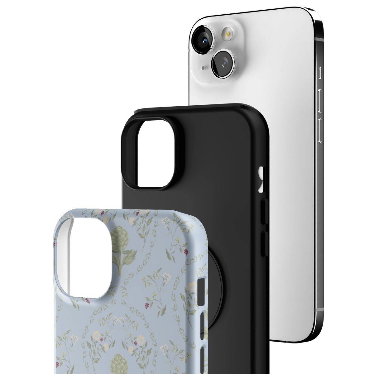 Exploded view of the Artichoke iPhone 14 Plus case: printed shell, black inner layer with MagSafe ring, and phone