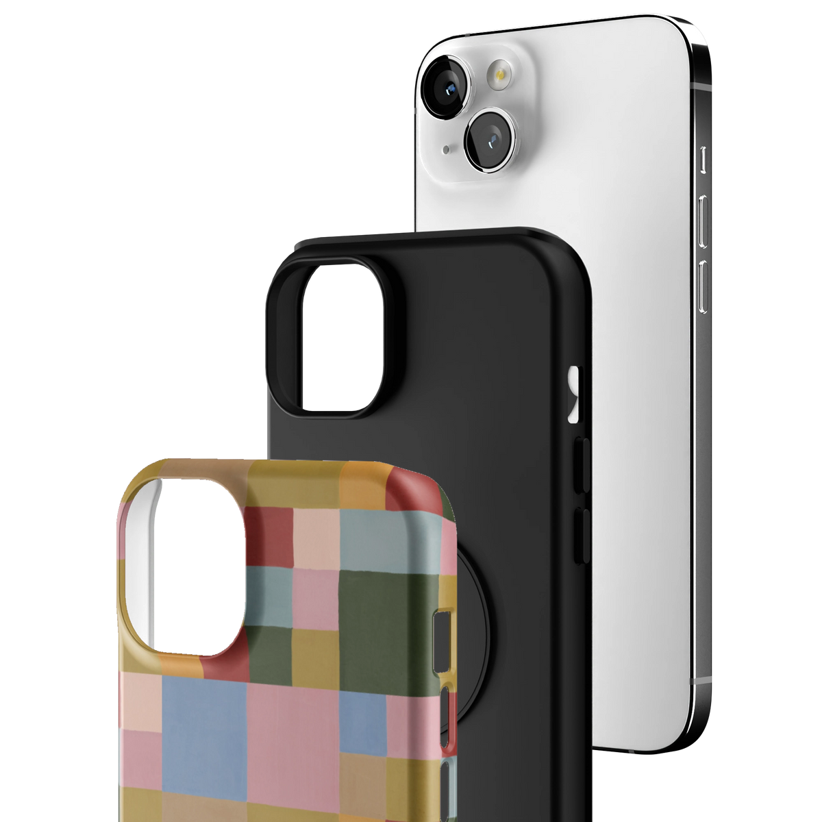 Exploded view of the Colorblock iPhone 14 Plus case: printed shell, black inner layer with MagSafe ring, and phone