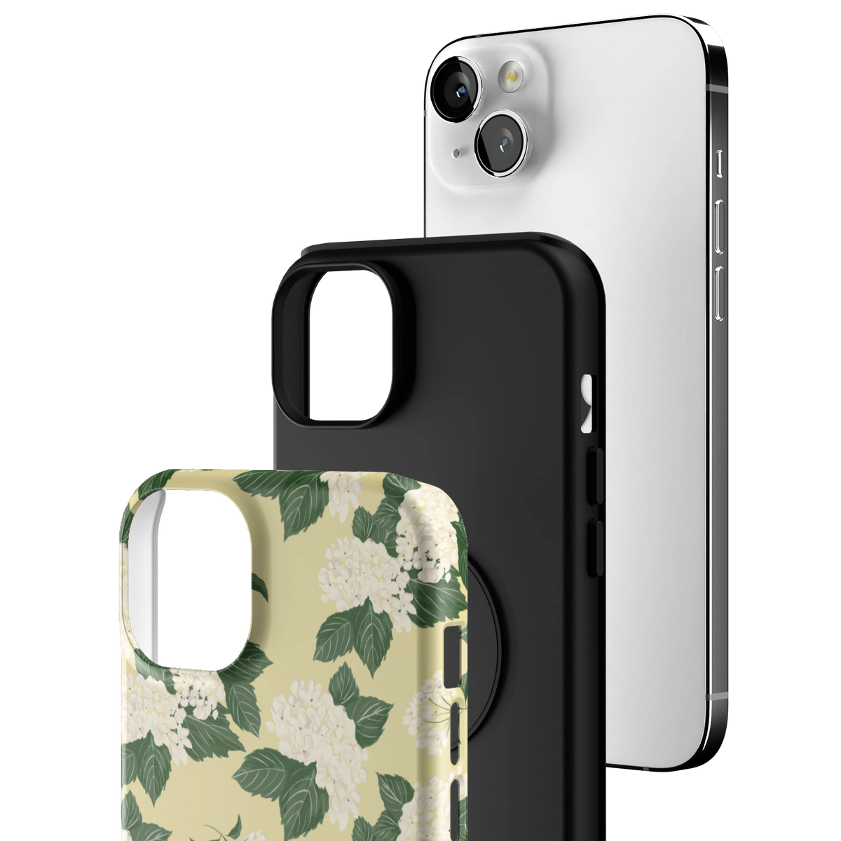 Exploded view of the Hydrangea iPhone 14 Plus case: printed shell, black inner layer with MagSafe ring, and phone