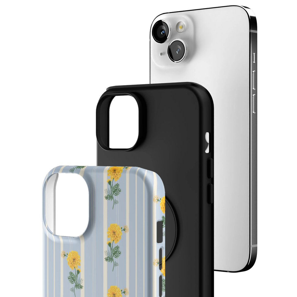 Exploded view of the October Birth Month iPhone 14 Plus case: printed shell, black inner layer with MagSafe ring, and phone