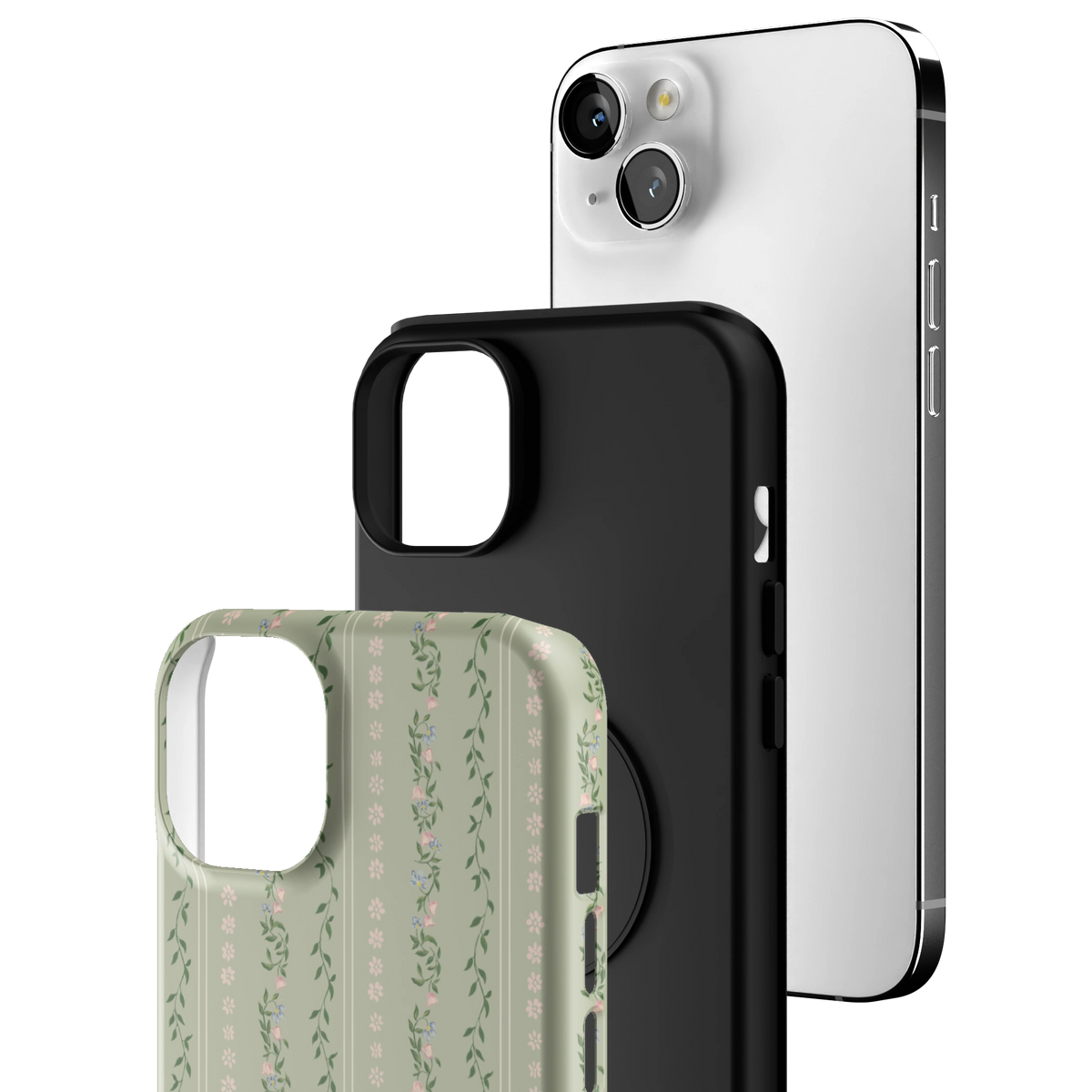 Exploded view of the Camellia iPhone 14 Plus case: printed shell, black inner layer with MagSafe ring, and phone