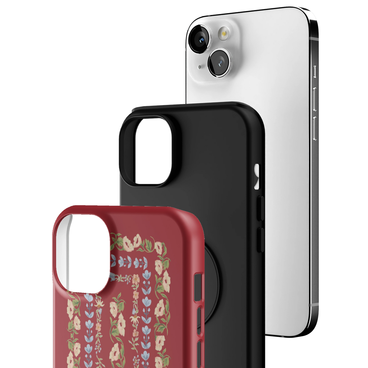 Exploded view of the Fiona iPhone 14 Plus case: printed shell, black inner layer with MagSafe ring, and phone