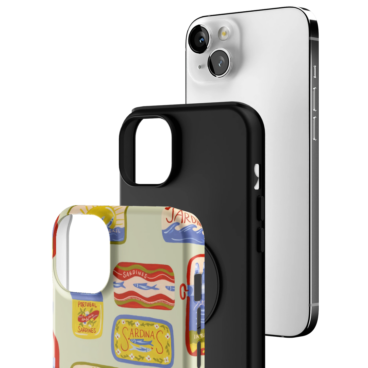 Exploded view of the Sardines Personalized iPhone 14 Plus case: printed shell, black inner layer with MagSafe ring, and phone