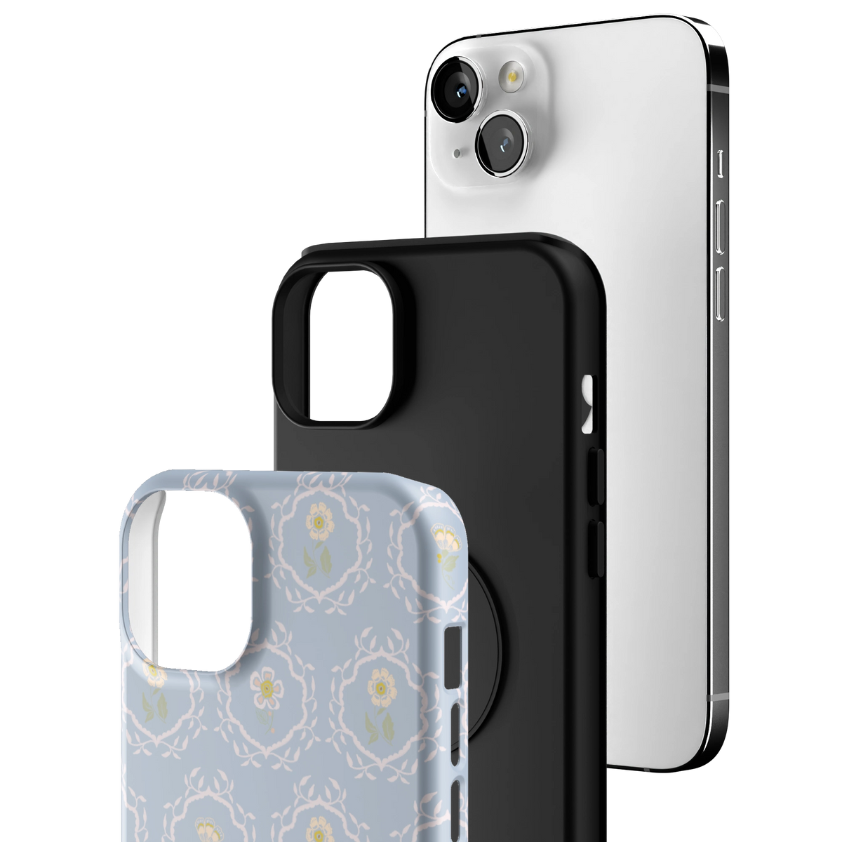 Exploded view of the Merrigold iPhone 14 Plus case: printed shell, black inner layer with MagSafe ring, and phone