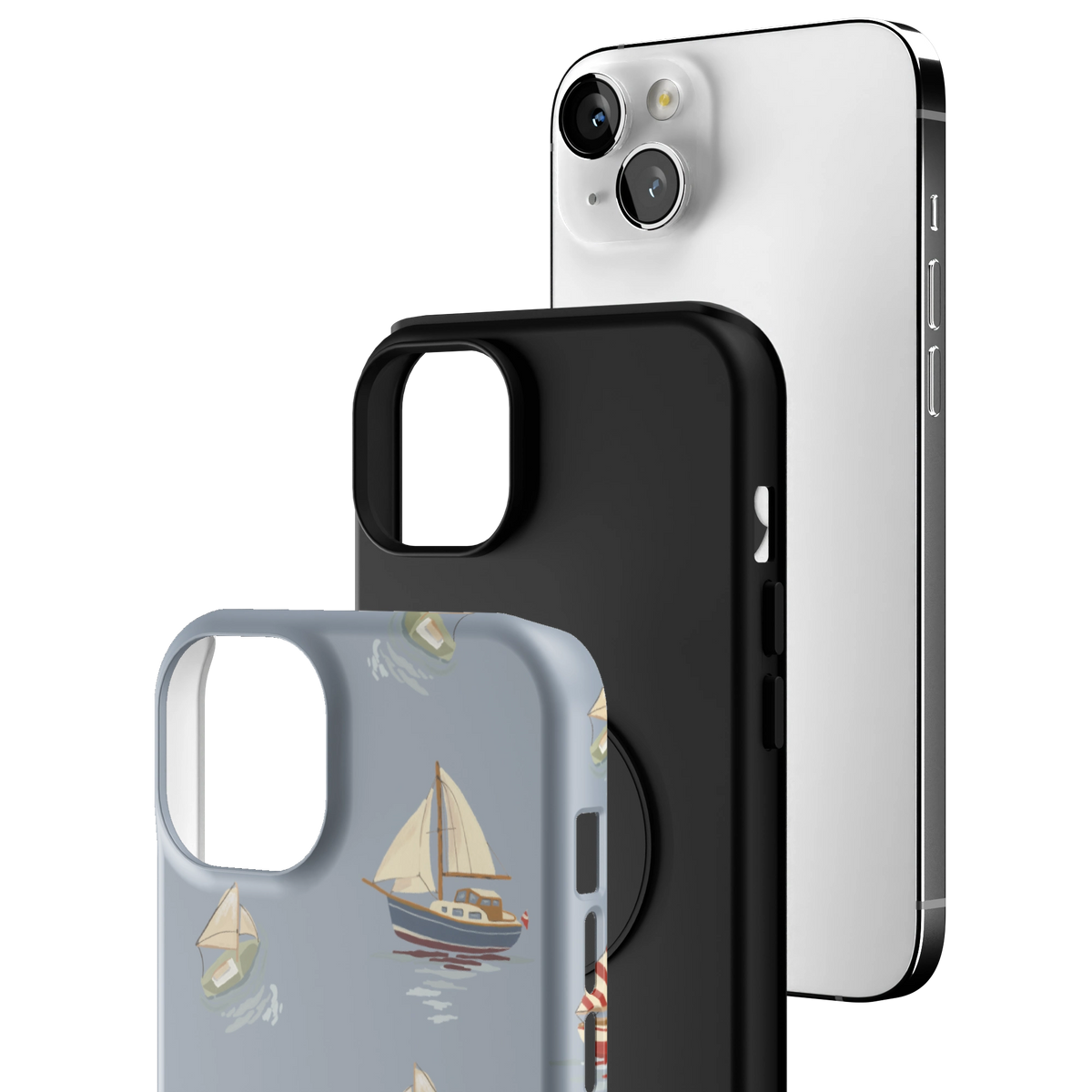 Exploded view of the Harbor iPhone 14 Plus case: printed shell, black inner layer with MagSafe ring, and phone
