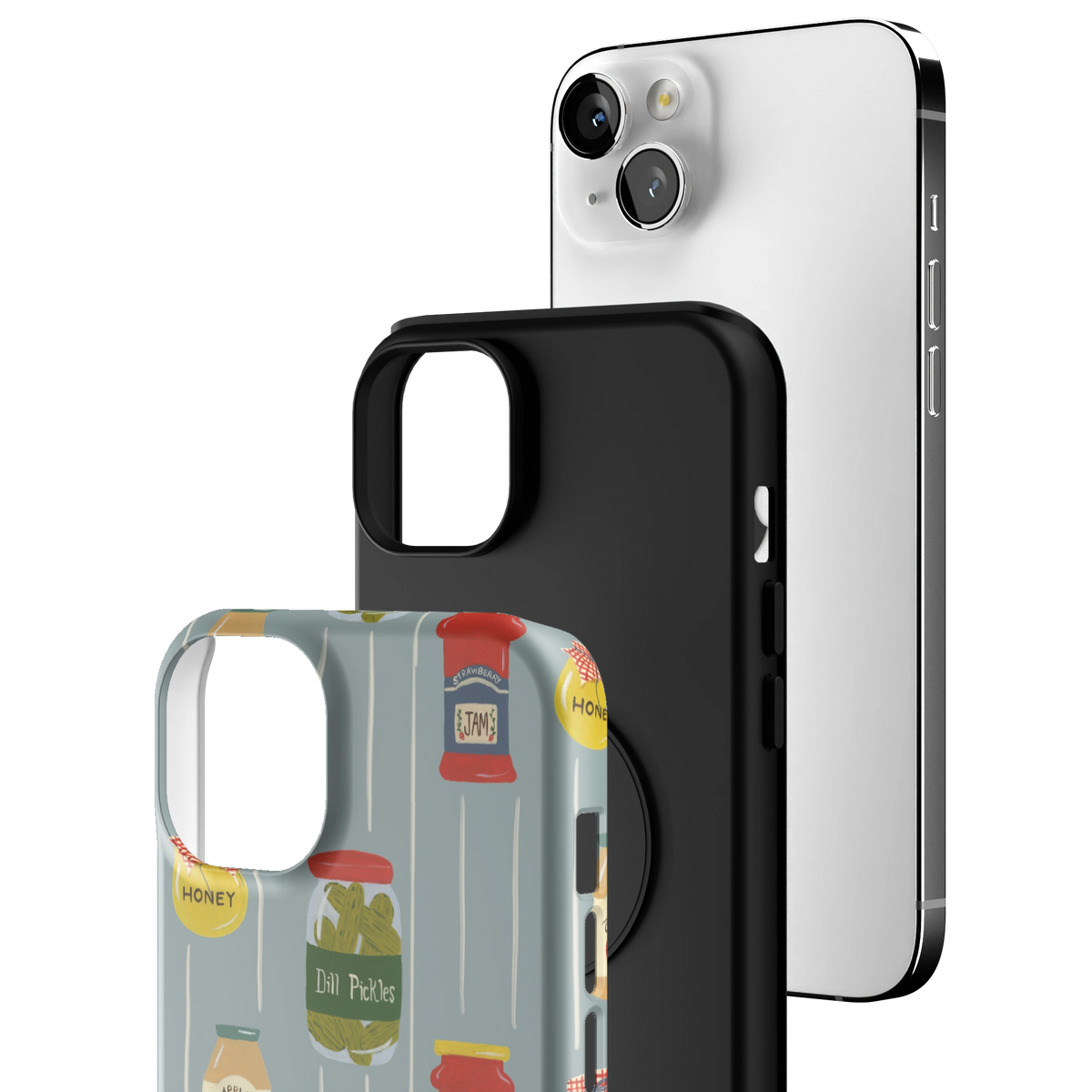 Exploded view of the Preserves Personalized iPhone 14 Plus case: printed shell, black inner layer with MagSafe ring, and phone