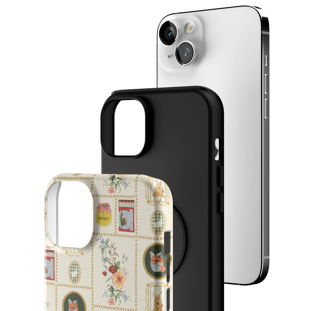 Exploded view of the Sampler Personalized iPhone 14 Plus case: printed shell, black inner layer with MagSafe ring, and phone