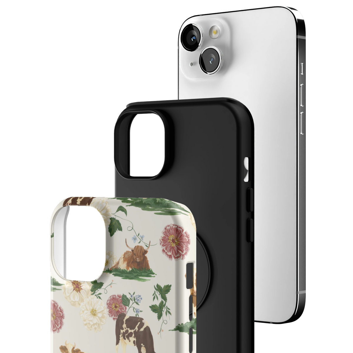 Exploded view of the Pasture Personalized iPhone 14 Plus case: printed shell, black inner layer with MagSafe ring, and phone