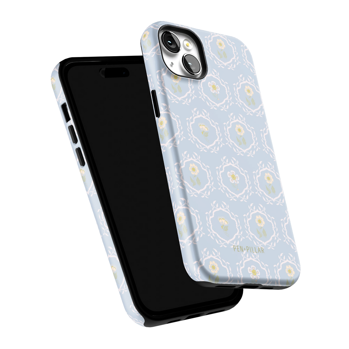 Merrigold iPhone 14 Plus case tilted to show the raised edges around the screen and camera