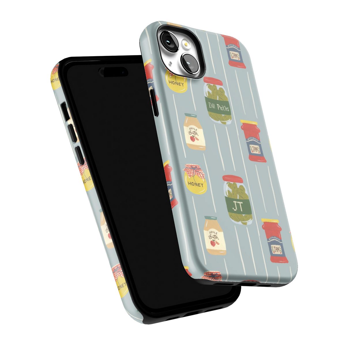 Preserves Personalized iPhone 14 Plus case tilted to show the raised edges around the screen and camera