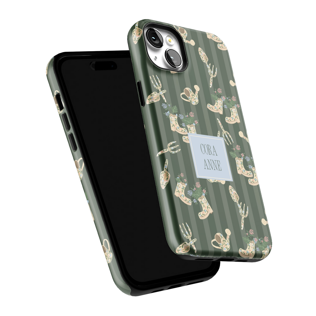 In the Garden Personalized iPhone 14 Plus case tilted to show the raised edges around the screen and camera