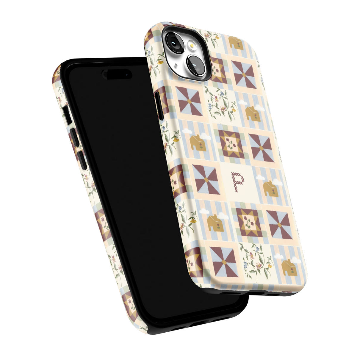 Pinwheel Personalized iPhone 14 Plus case tilted to show the raised edges around the screen and camera